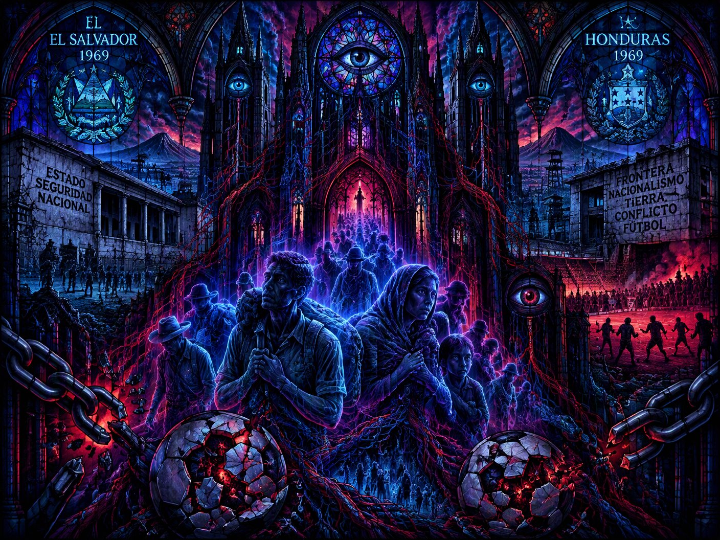 Gothic neon fantasy scene depicting ghostly displaced people between El Salvador and Honduras in 1969, set inside a cathedral-like dystopian architecture with glowing shattered footballs, broken chains, and surveillance eyes, rendered in intricate linework and a cold neon palette.