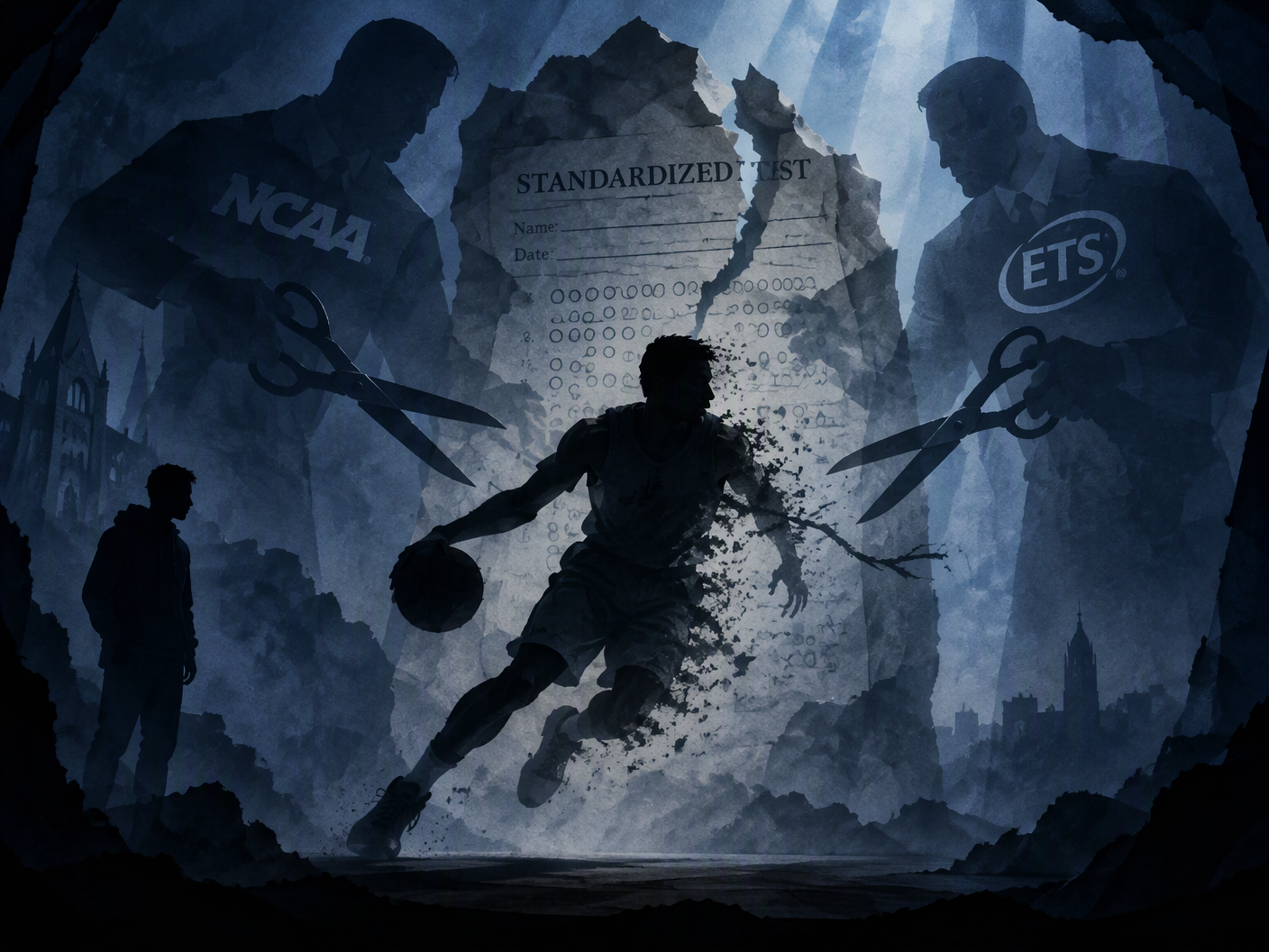 Silhouette cut-paper image depicting a basketball player fading away as shadowy figures holding scissors and torn test papers loom behind, symbolizing the invalidation of Memphis’s 2007-08 season and the NCAA’s ruling.