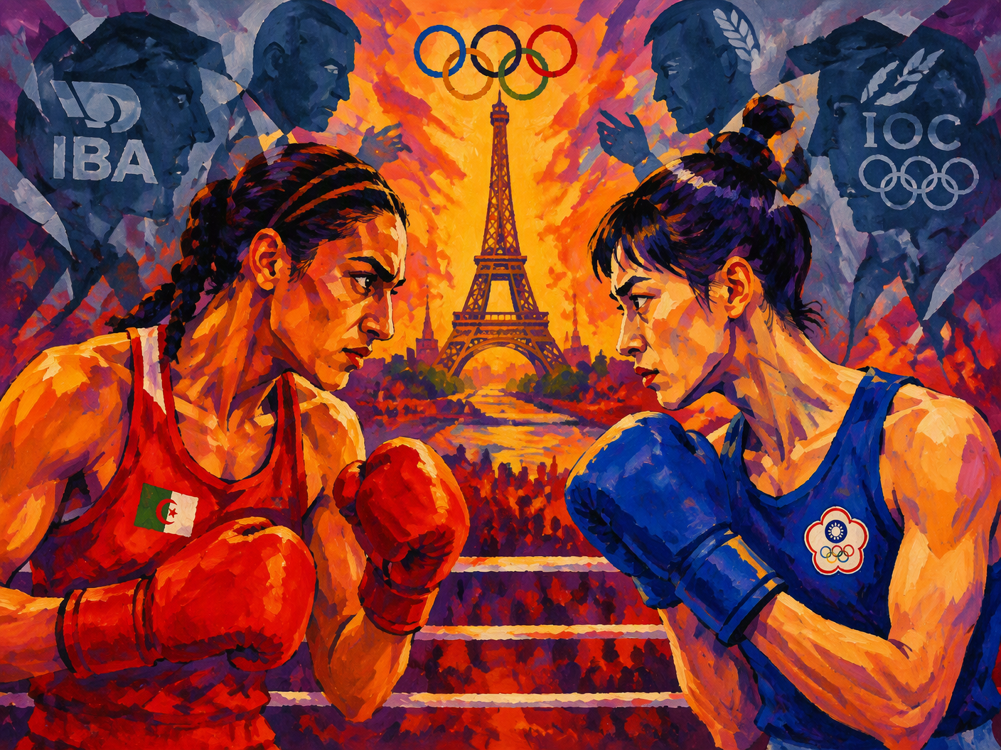 Fauvist-style painting of two female boxers in a stylized Olympic boxing ring, painted with broad brushstrokes in fiery reds and oranges. Abstract silhouettes representing the IBA and IOC loom in cool blue-gray tones behind them, symbolizing controversy and conflict.