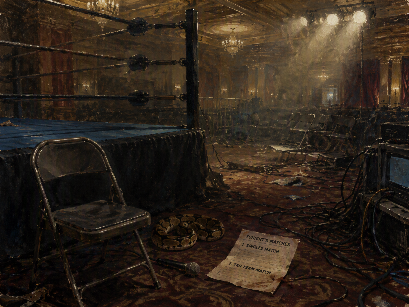 A gouache painting in a 4:3 frame shows an empty wrestling ring area in a dim casino venue, with a folding chair, microphone, coiled snake, tangled television cables, and a discarded match card under harsh yellow lights.