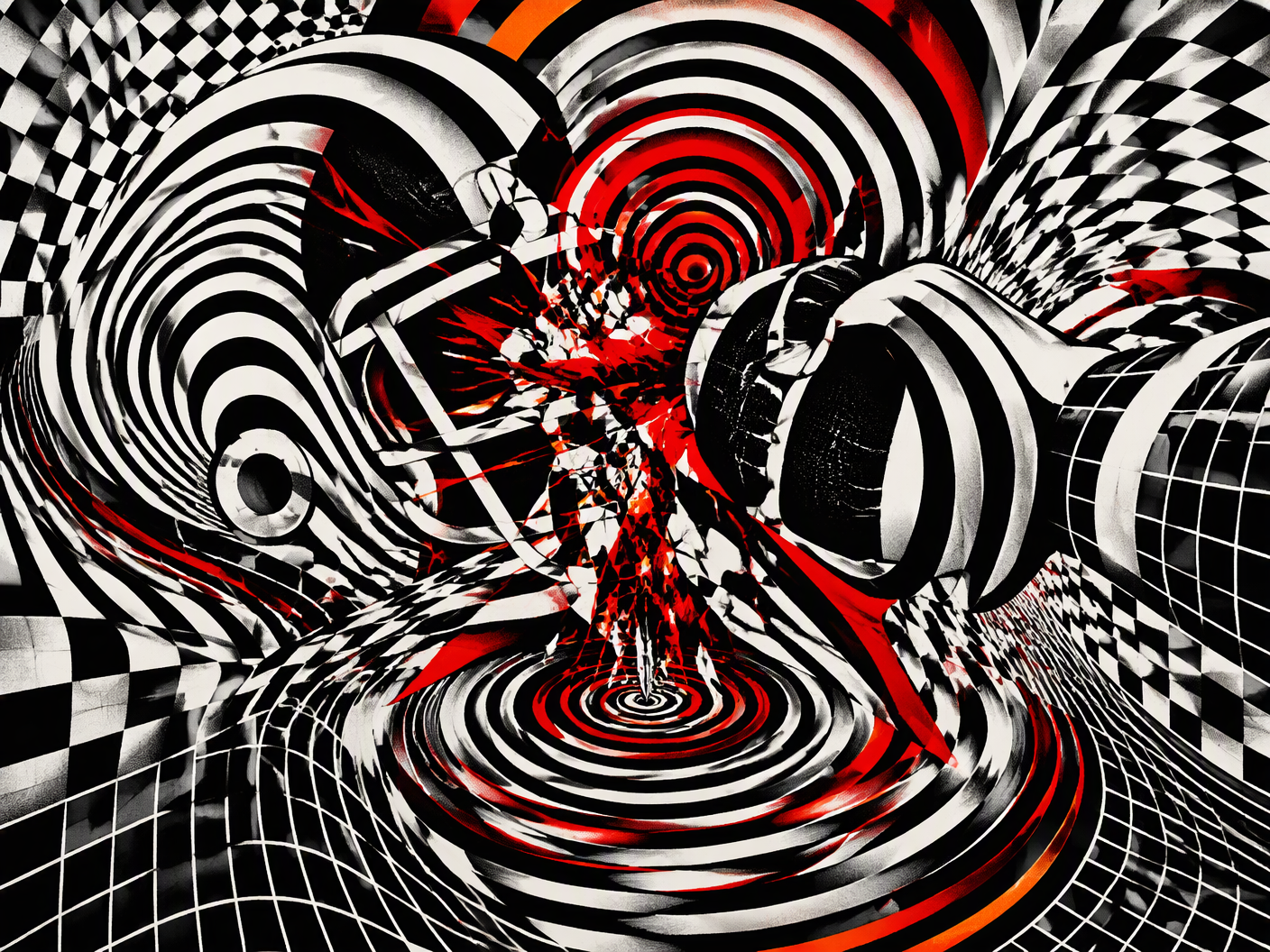 Abstract Op Art image using warped grids and concentric shapes in black, white, and red to symbolize the violent incident where Johnny Bright was struck, representing the fractured perception and social upheaval resulting from the 1951 football game controversy.