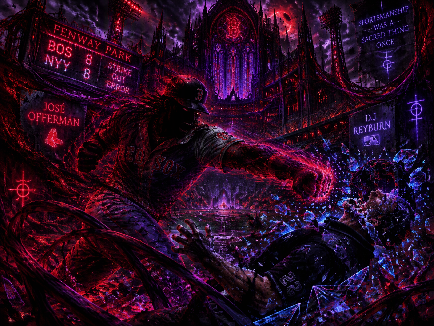 A neon-lit gothic cathedral-stadium at night with shadowy figure of José Offerman throwing a glowing punch at a falling umpire figure, surrounded by dystopian architecture, organic cables, and shards of neon light symbolizing violent conflict and haunted sportsmanship.