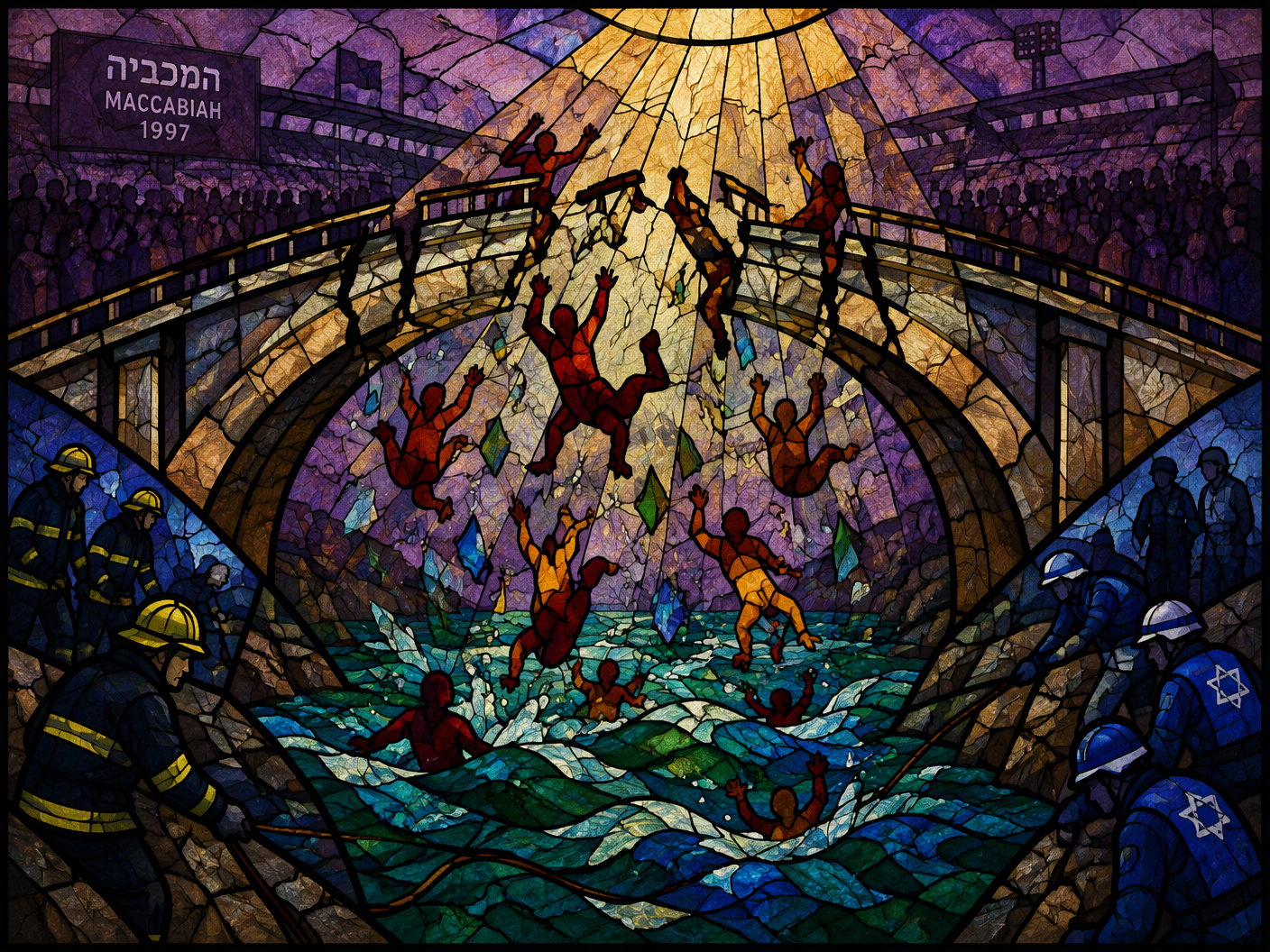 Stained-glass style illustration showing a collapsing arched bridge with figures falling into a river, firefighters rescuing survivors on the banks, set against a muted stadium background, all rendered in jewel-toned glass and heavy lead lines to convey tragedy and collective memory.