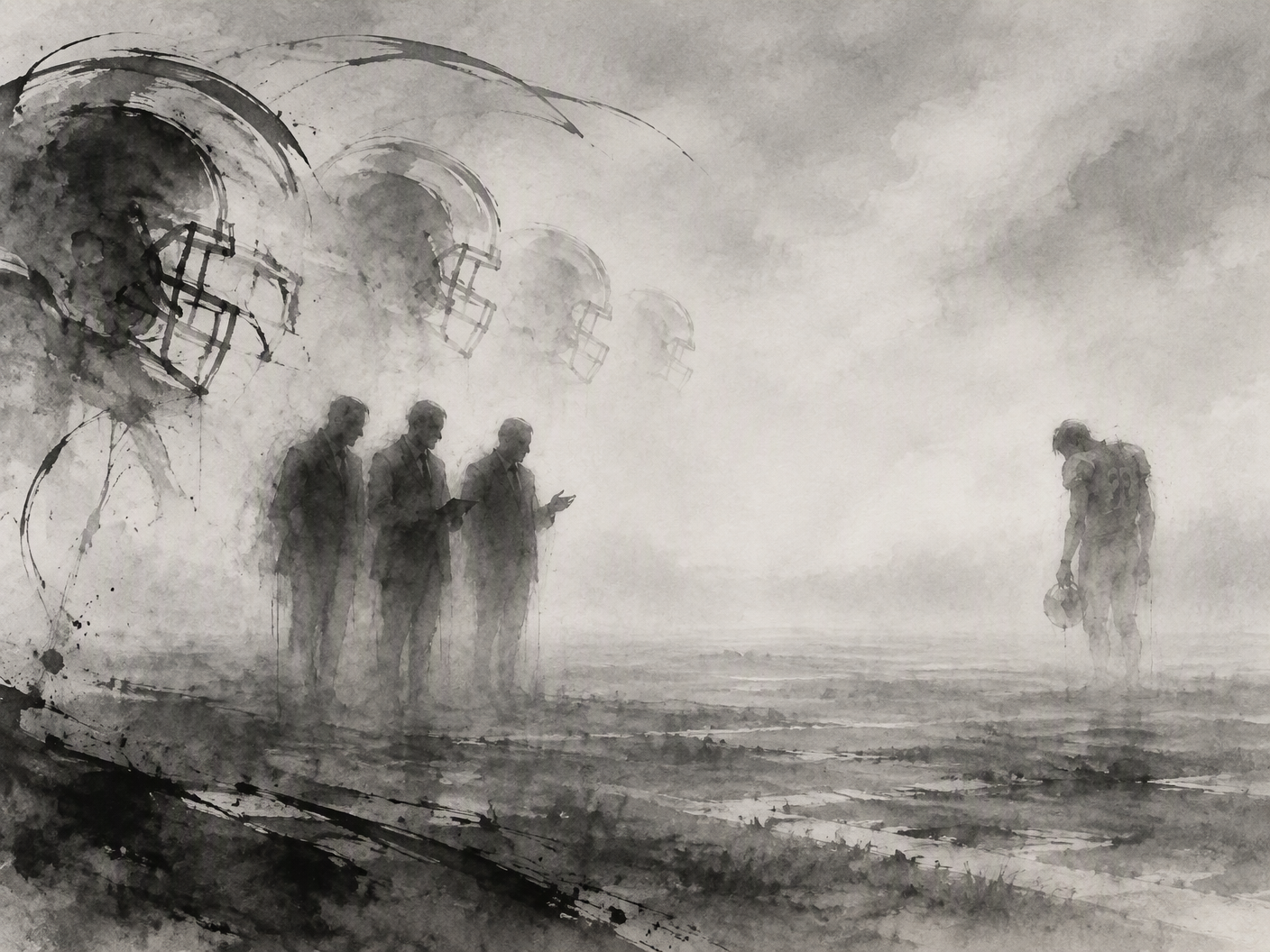 A misty, ink wash landscape with ghostly football helmets and indistinct figures representing NFL committee members and former players, surrounded by vast empty space symbolizing absence and unresolved brain injury disputes.