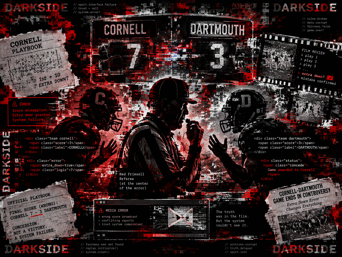 Abstract digital artwork showing a corrupted football scoreboard flickering between Cornell 7 and Dartmouth 3, with glitching referee and players rendered in broken code and pixel noise, symbolizing the infamous extra down error and game concession in 1940.