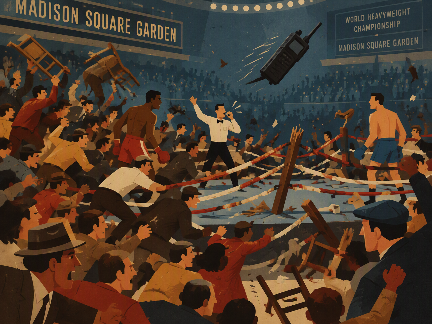 Mid-century modern illustration showing a chaotic boxing ring at Madison Square Garden with stylized figures fighting and crowd rushing in, a referee blowing a whistle, and a symbolic walkie-talkie flying through the air during the post-fight riot.