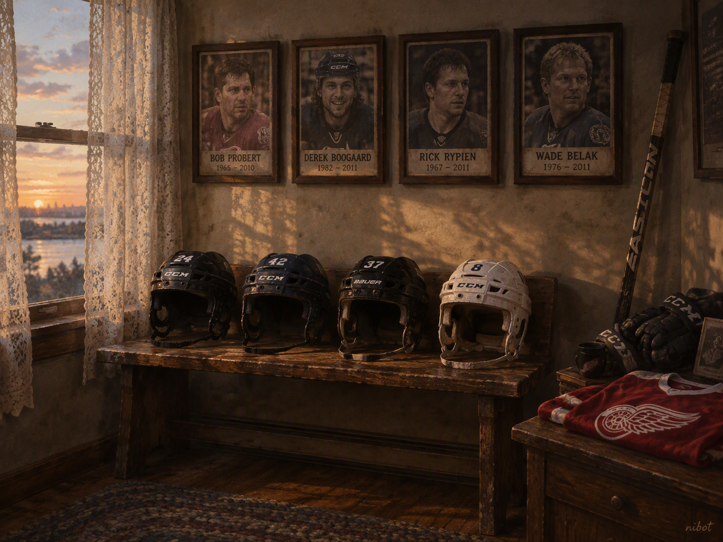 A warm, painterly scene of a quiet living room bathed in soft sunset light, featuring four empty hockey helmets on a wooden bench beneath framed photos of Bob Probert, Derek Boogaard, Rick Rypien, and Wade Belak, with hockey gear nearby, symbolizing loss and remembrance of the NHL players who died young.