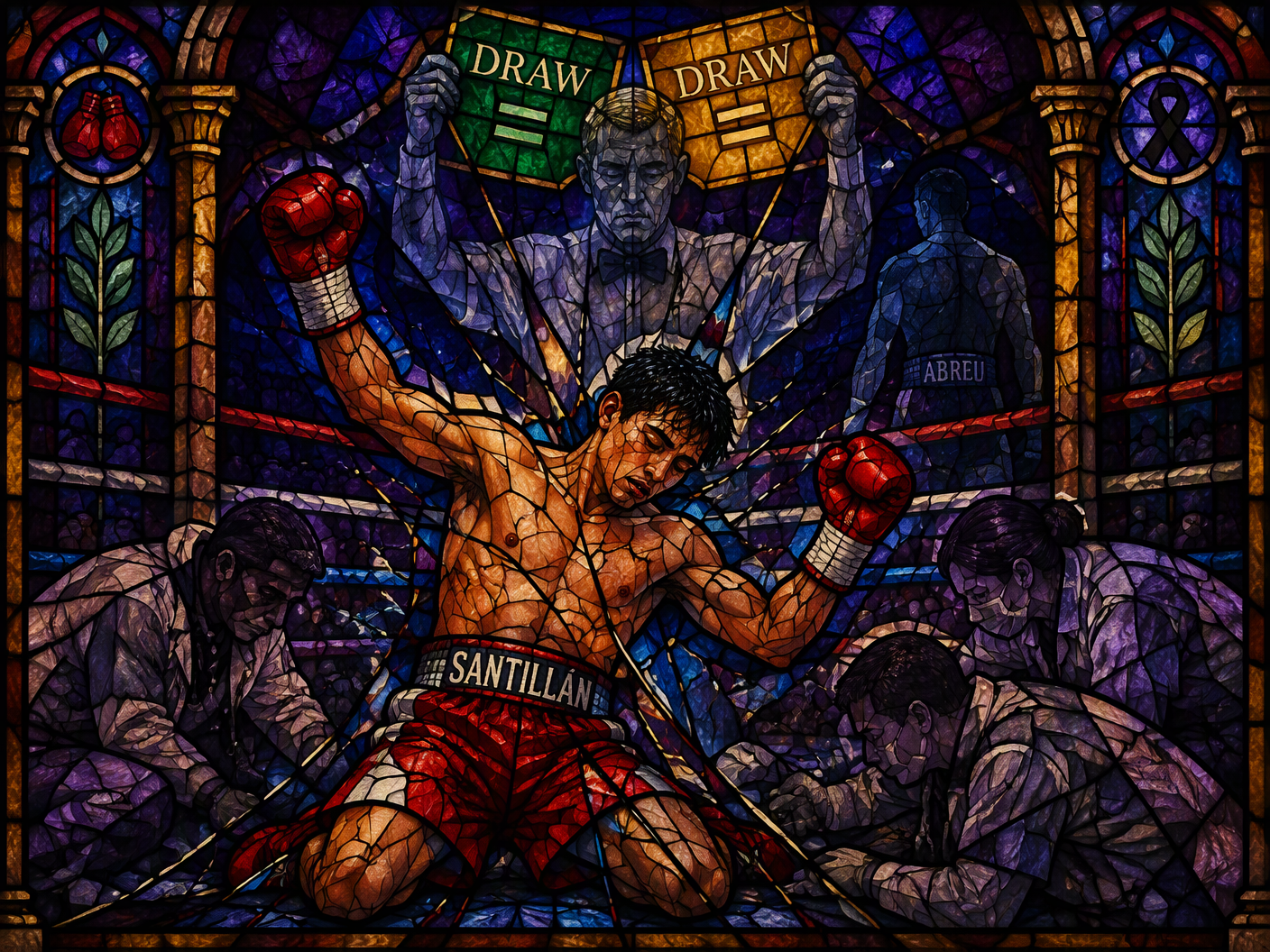 Stained-glass illustration of boxer Hugo Santillán collapsing in the ring at the announcement of a draw, with fractured lead lines and jewel-toned glass symbolizing his struggle and fading life amid a dimmed boxing ring background.