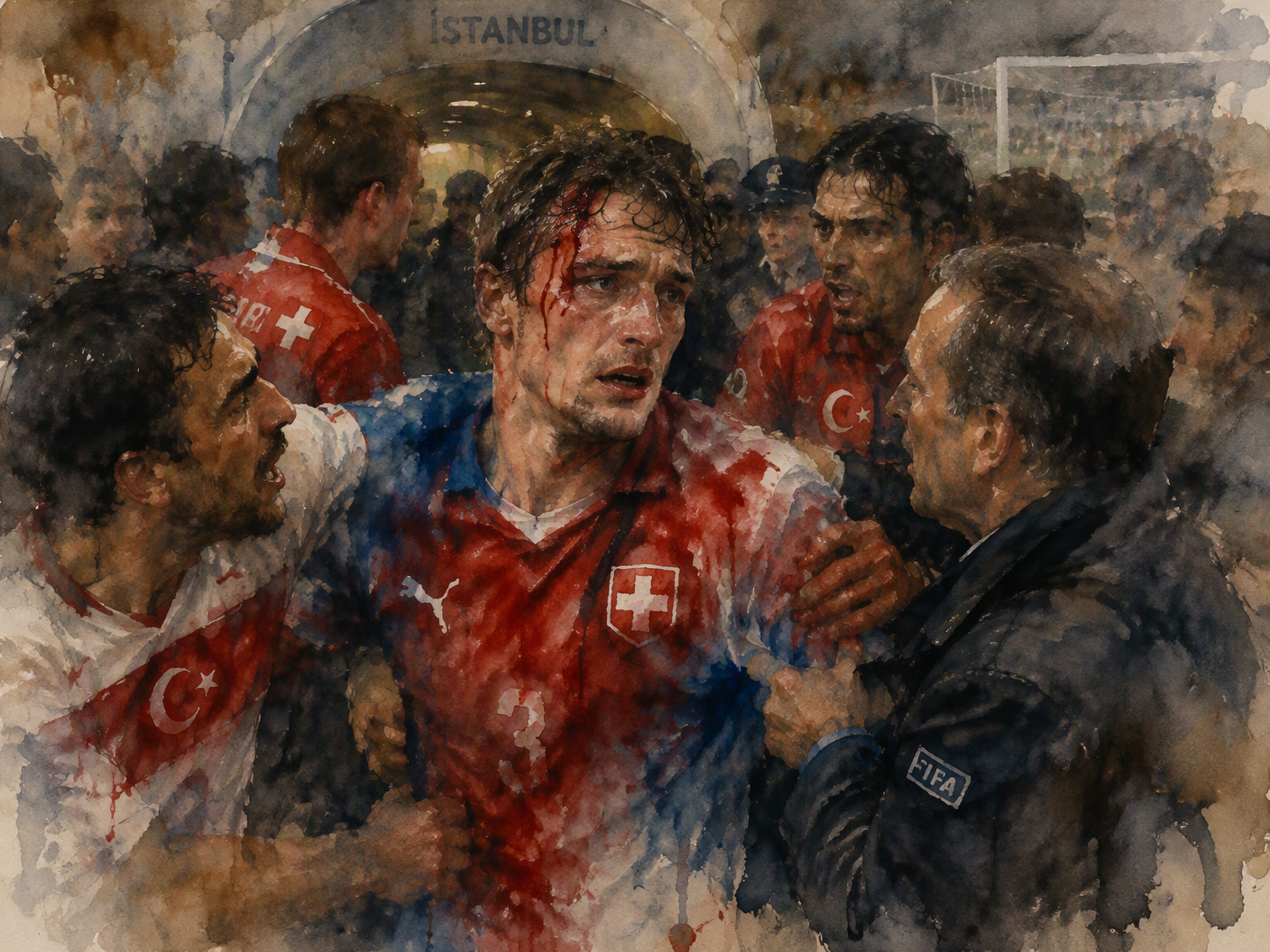 Watercolor painting of a chaotic football melee at a tunnel, focusing on injured Swiss player Stéphane Grichting amid dissolving, blurred figures of players and officials, with bleeding red and deep blue pigments conveying physical and emotional distress.