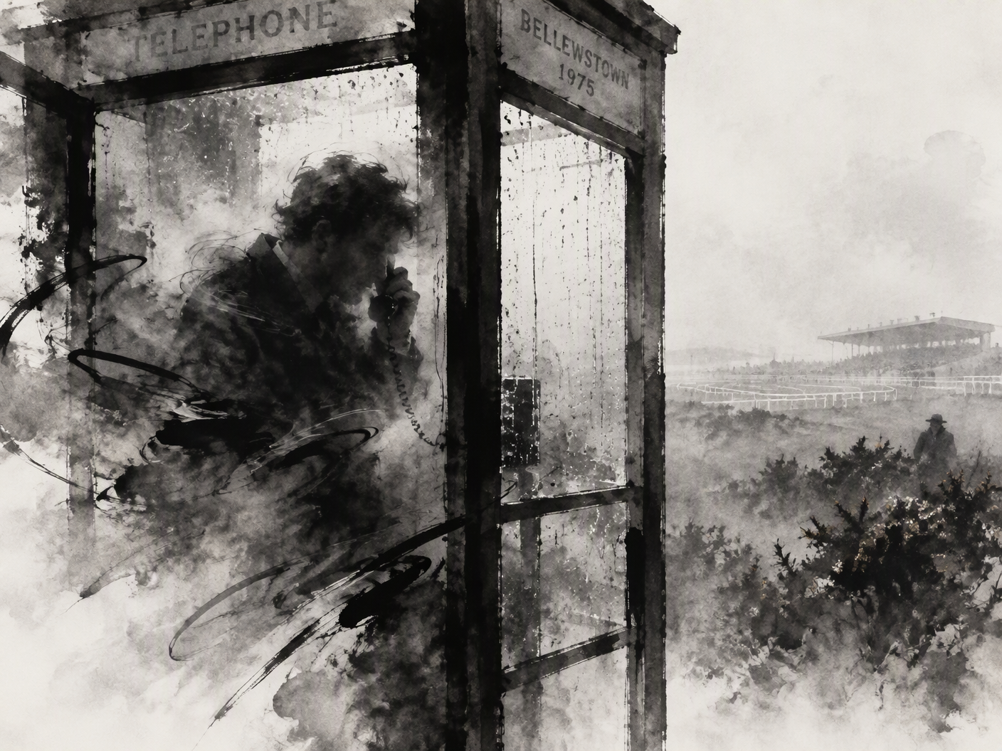 A shadowed figure inside a telephone box rendered in expressive black ink washes and misty strokes, the outlines blurred and the interior dissolving into negative space, evoking secrecy and anticipation on race day at Bellewstown.
