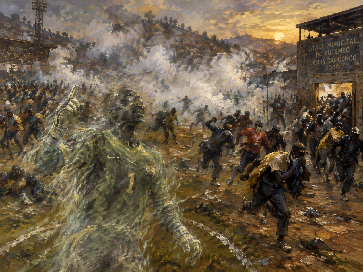 An impressionistic view of the 2008 Congo football riot in Butembo, showing a hazy stadium filled with blurred, rushing figures escaping through smoke and tear gas, highlighted by a ghostly goalkeeper chanting amid the chaos.