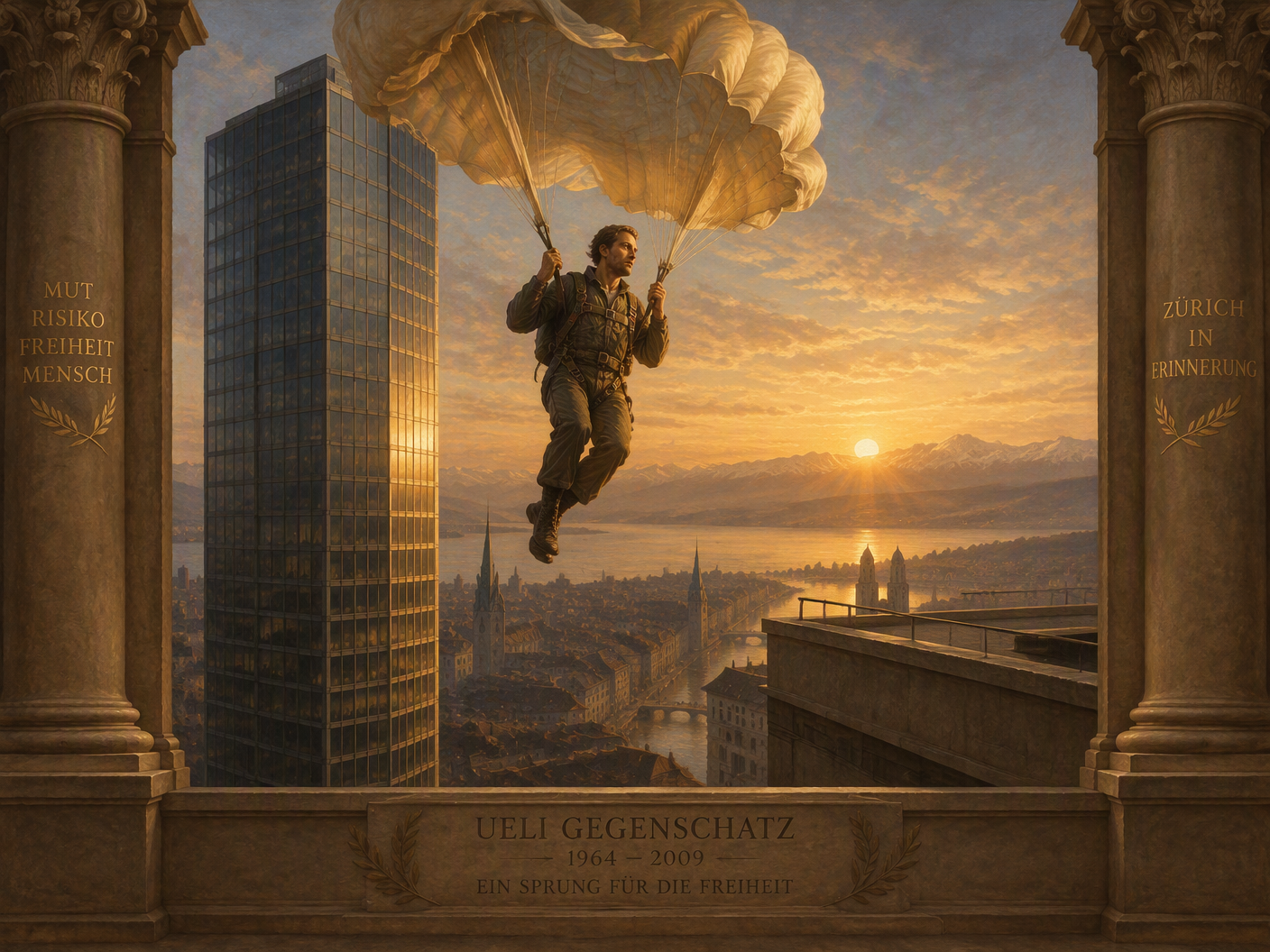Neoclassical style painting showing Ueli Gegenschatz mid-parachute descent from Sunrise Tower at sunrise, symbolizing bravery and tragedy, surrounded by classical architectural motifs representing public remembrance.