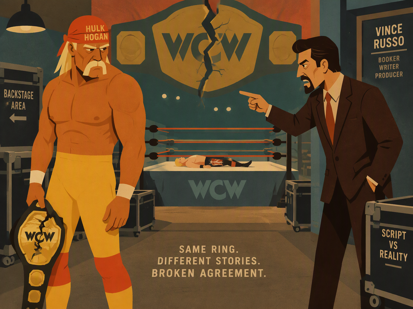 Mid-century modern digital illustration of Hulk Hogan and Vince Russo backstage at a wrestling arena, expressing tension and conflict over a disputed wrestling script, with a simplified wrestling ring and a figure lying down representing Jeff Jarrett in the background.